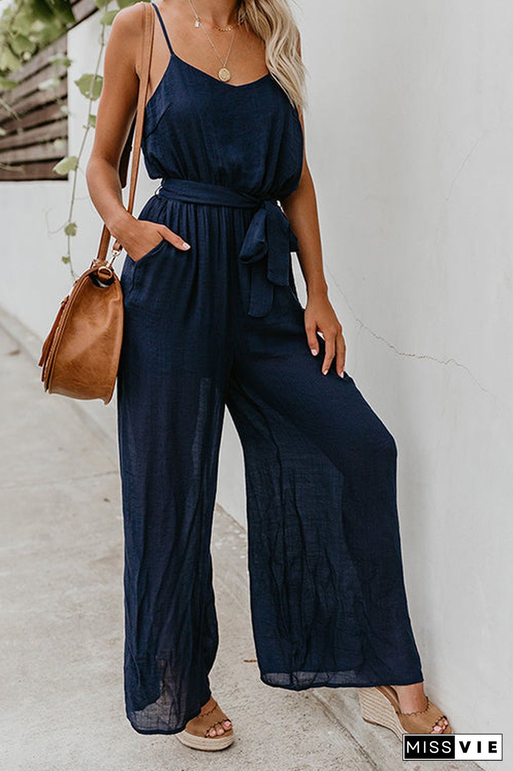 Flowy V Neck Belted Slip Jumpsuits