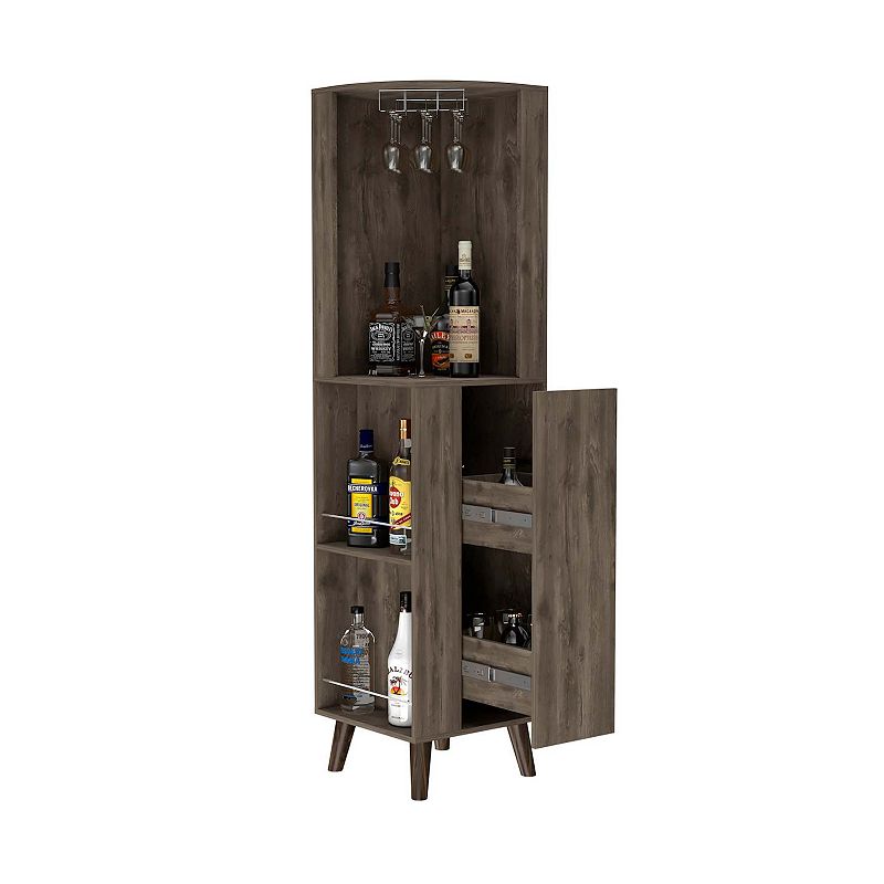 Quinn Corner Bar Cabinet， Two External Shelves， One Drawer， Two Interior Shelves