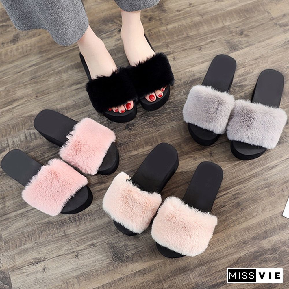 Home Slippers 7 Cm High Heel Women's Plush Shoes Autumn Winter Home Shoes Thick Heel Non-Slip Plush Slippers