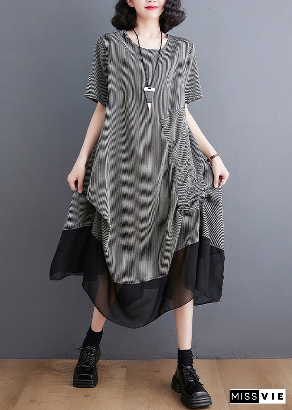 Style Grey Asymmetrical Patchwork Wrinkled Chiffon Dresses Summer