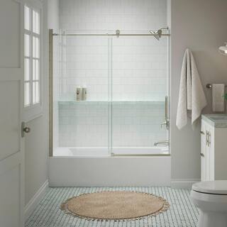 KOHLER Cursiva 59.875 in. W x 62 in. H Sliding Frameless Bath Tub Door in Anodized Brushed Nickel K-707626-8L-BNK