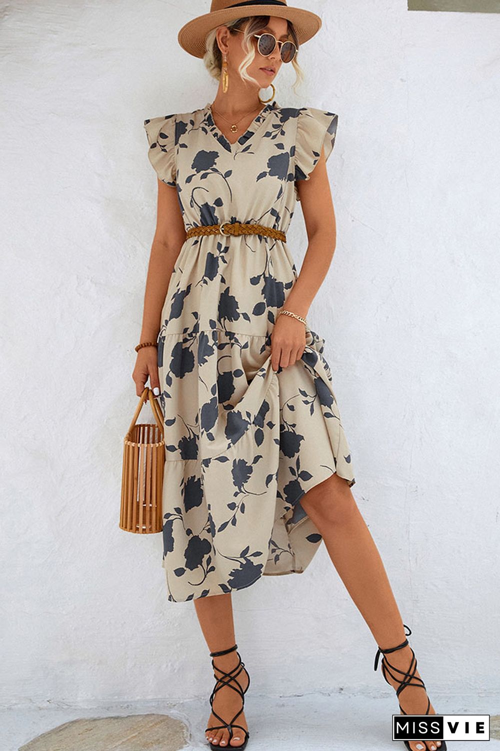 V Neck Ruffle Sleeves Splicing Floral Dress