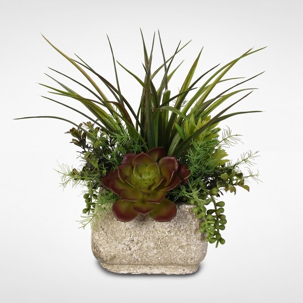 Silk Succulent Arrangement With Grass in a Stone Pot