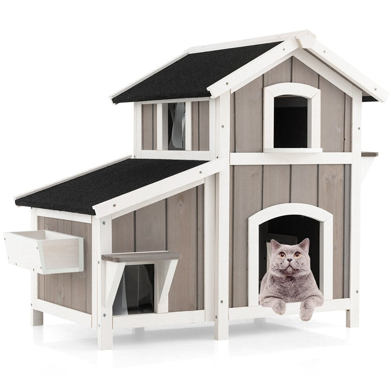 2-Story Outdoor Feral Cat House Weatherproof Wooden Kitty Shelter Pet House Habitat with Escape Door Removable Floor PVC Curtains Flower Box