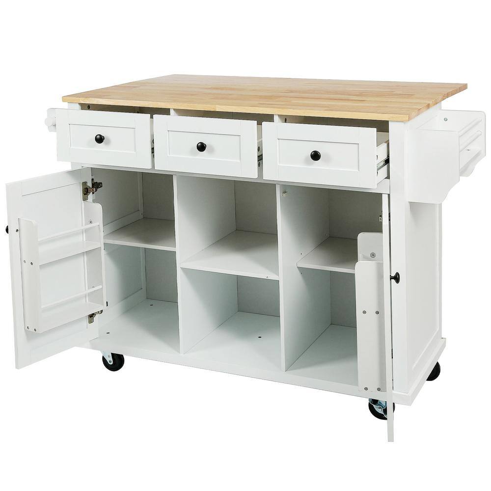 Runesay White Rubber Wood 53 in. W Kitchen Island Cart with Drop-Leaf Countertop and Cabinet Door Internal Storage Racks KIW-231