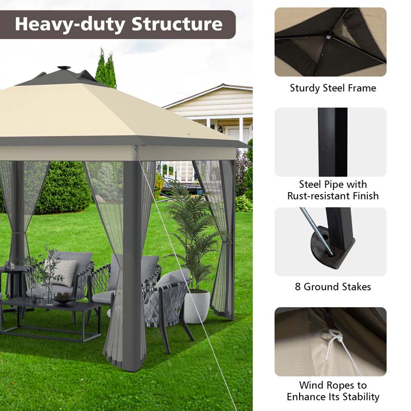 11 x 11 FT Pop-Up Gazebo Tent Portable Canopy Shelter with Carry Bag & Mesh Netting & LED Lights