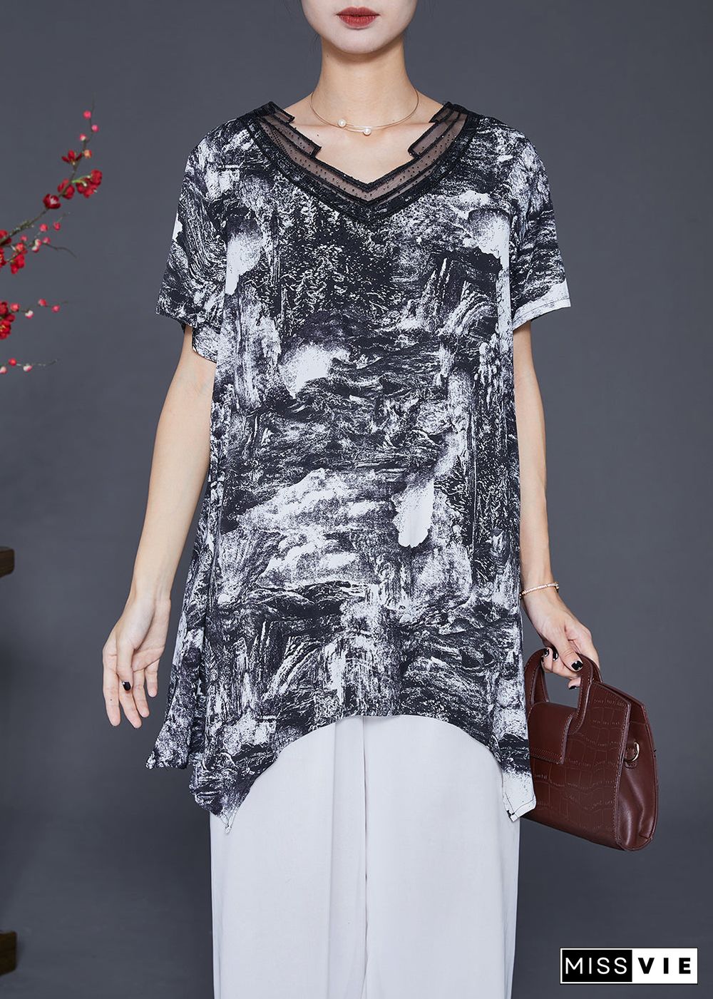 Natural Black Asymmetrical Tie Dye Chiffon Shirt Tops Summer