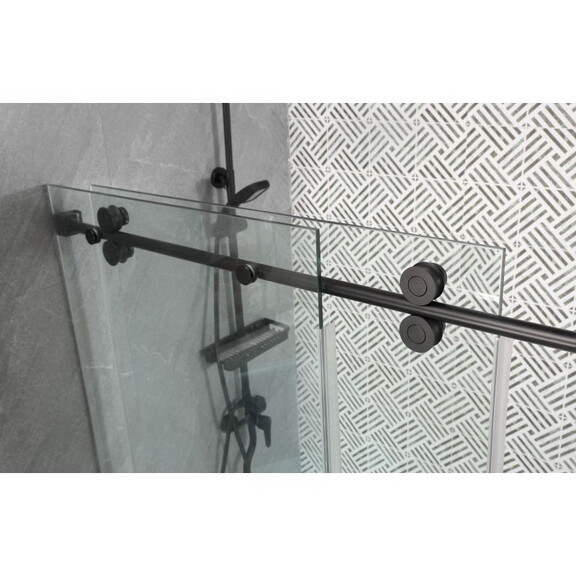 Frameless Black Glass Sliding Bathtub Door Adjusta...