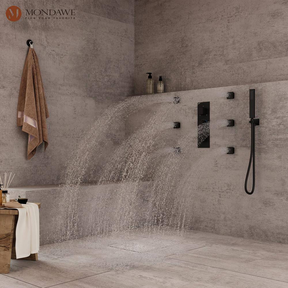 Mondawe Athens Multiple 5-Spray Patterns 2.5 GPM 12 in Ceilling Mount Rainfall Dual Shower Heads with 6-Jet Valve in Matte Black MD6865-MB