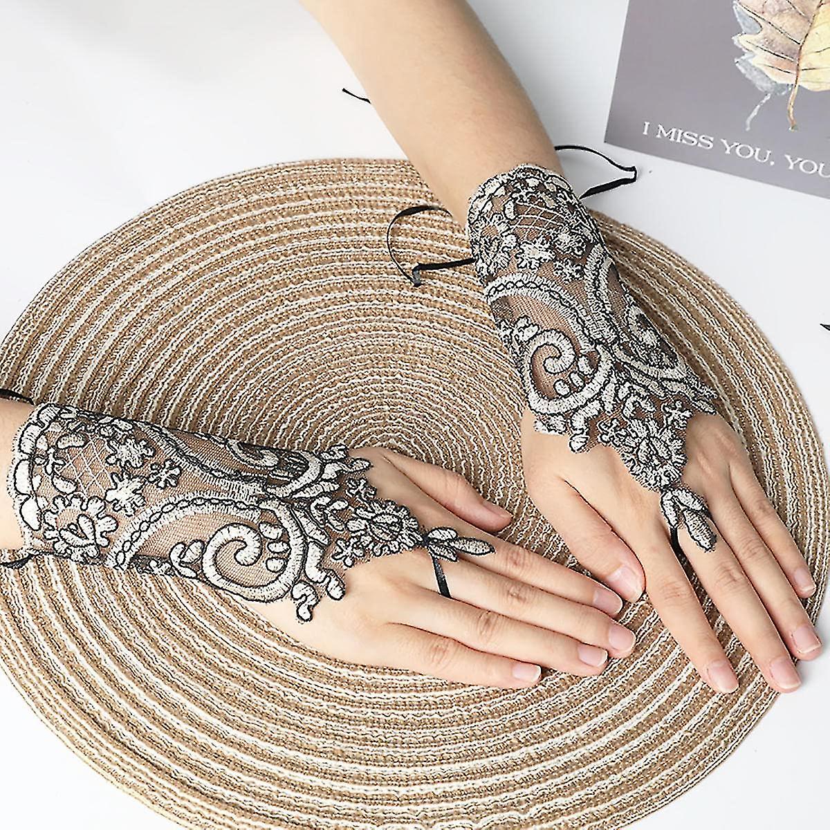 Women's Short Lace Embroidered Fingerless Gloves Sun Protection Fingerless Bridal Wrist