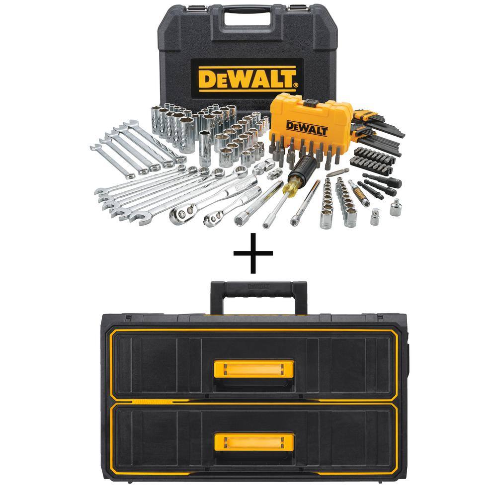 DW 14 in. x 38 in. Drive Polished Chrome Mechanics Tool Set (142-Piece) and  22 in. 2-Drawer Tool Box DWMT73802W08290