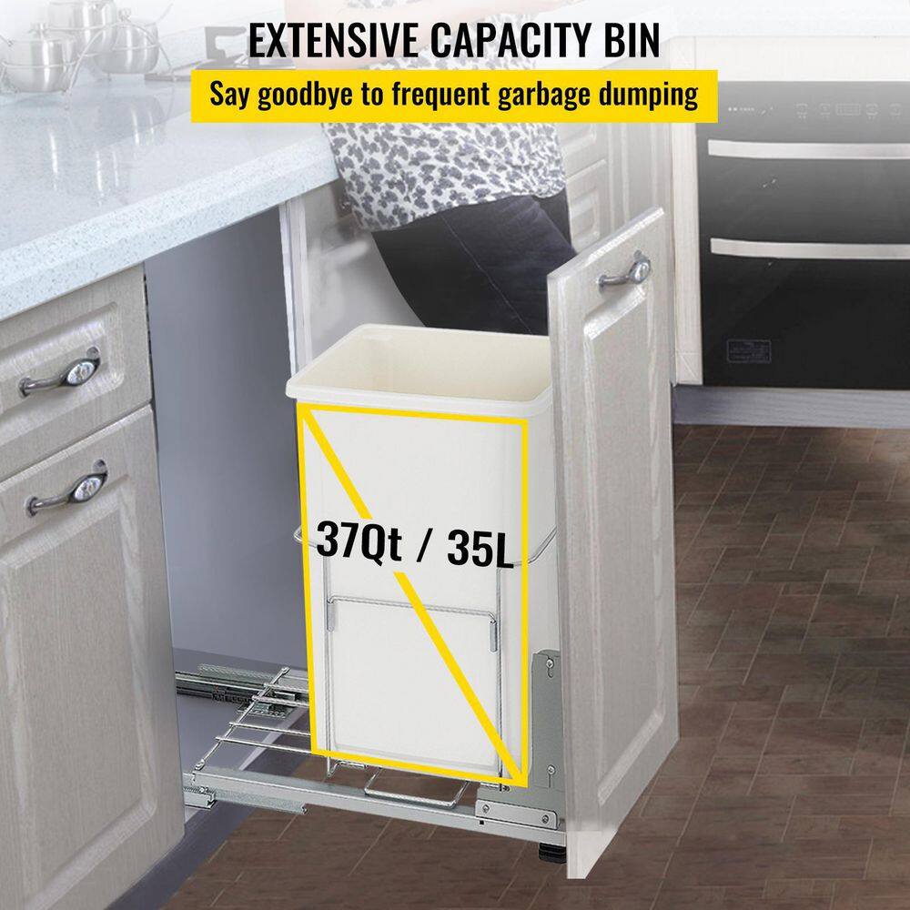 VEVOR 9 Gal. Pull-Out Trash Can 33 lbs. Load Capacity 1 Bin Under Mount Kitchen Waste Container with Soft-Close Slides White CJLMSTLLJT35LR2DGV0