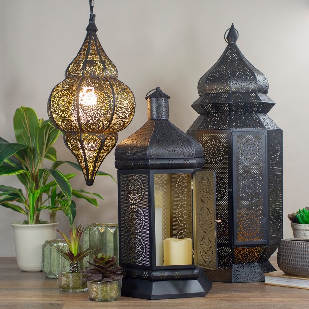 Black And Gold Moroccan Style Floor Pillar Candle Lantern