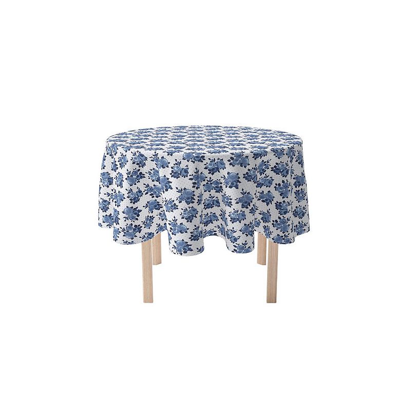 Round Tablecloth， 100% Polyester， 70 Round， Blue Floral and Dots