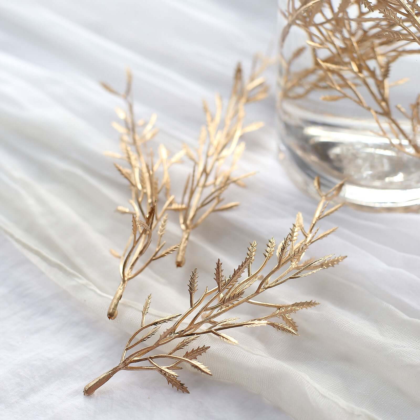 25 Pack Mini Metallic Gold Artificial Fern Leaf Branch Stems, Flower Vase Filler For Floating Candle Centerpieces 6