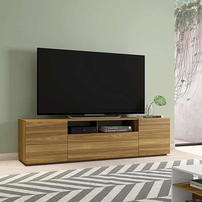 71 Inch Handcrafted Wood TV Media Entertainment Console， Wood Grain， 2 Cabinets， Single Shelf， Walnut Brown