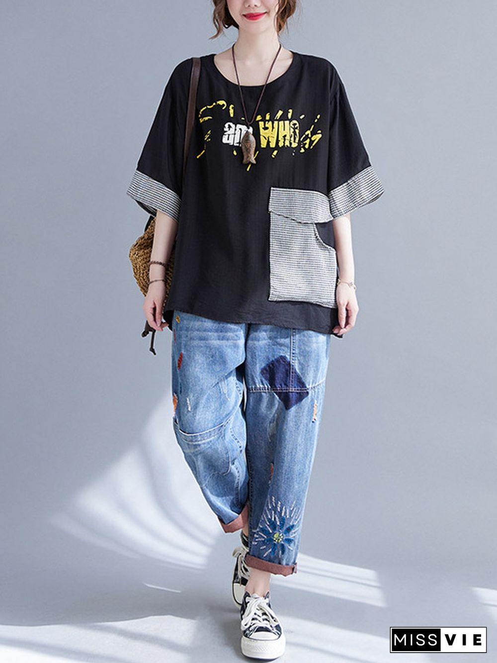 Original Letter Print Split-Joint Round-Neck T-Shirts Tops