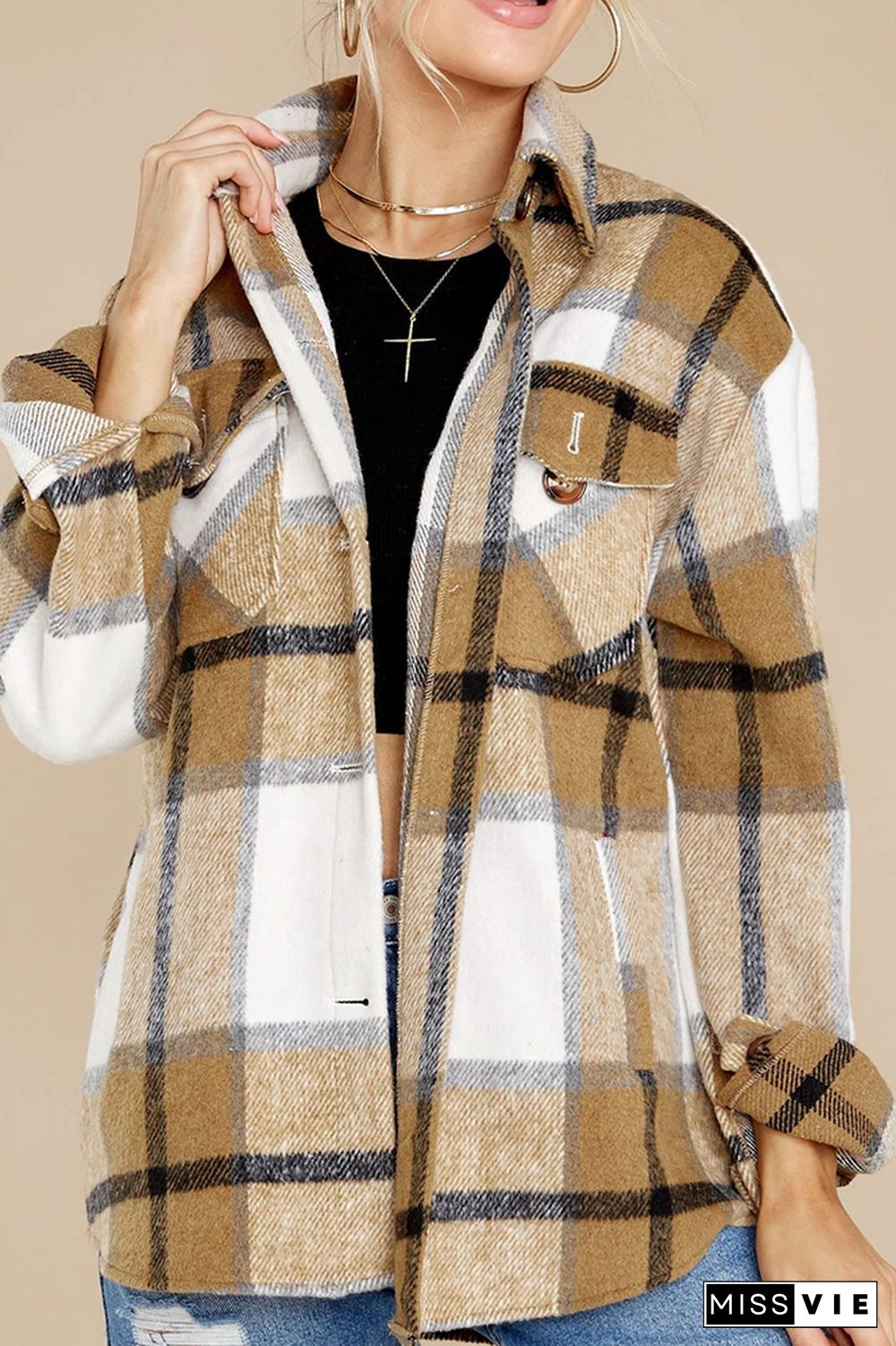 Plaid Button Front Shacket Jacket with Pockets Women Wholesale