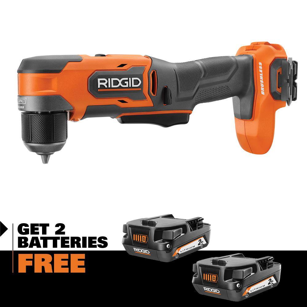 RIDGID 18V SubCompact Brushless Cordless 38 in. Right Angle Drill with (2) 2.0 Ah Compact Lithium-Ion Batteries R87701B-AC8400802P