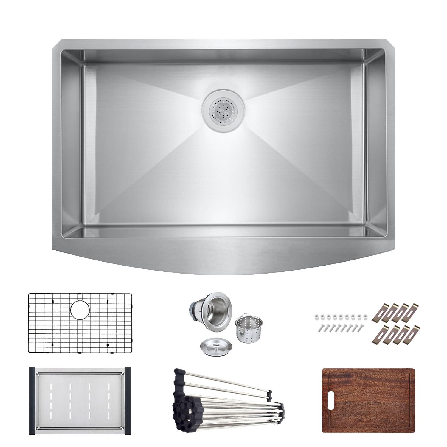 Signature Farmhouse Bowed Apron Stainless Steel 30-Inch Workstation Sink W/Grid， Strainer and 3 Accessories