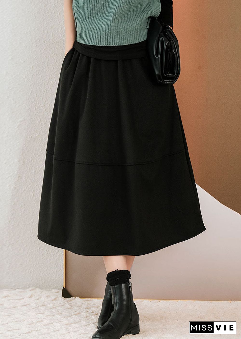 Black Patchwork Thick Woolen A Line Skirts Winter