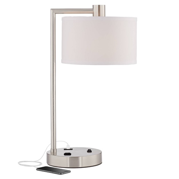 High Brushed Nickel With Usb And Ac Power Outlet In Base White Linen Drum Shade For Bedroom Living Room Office