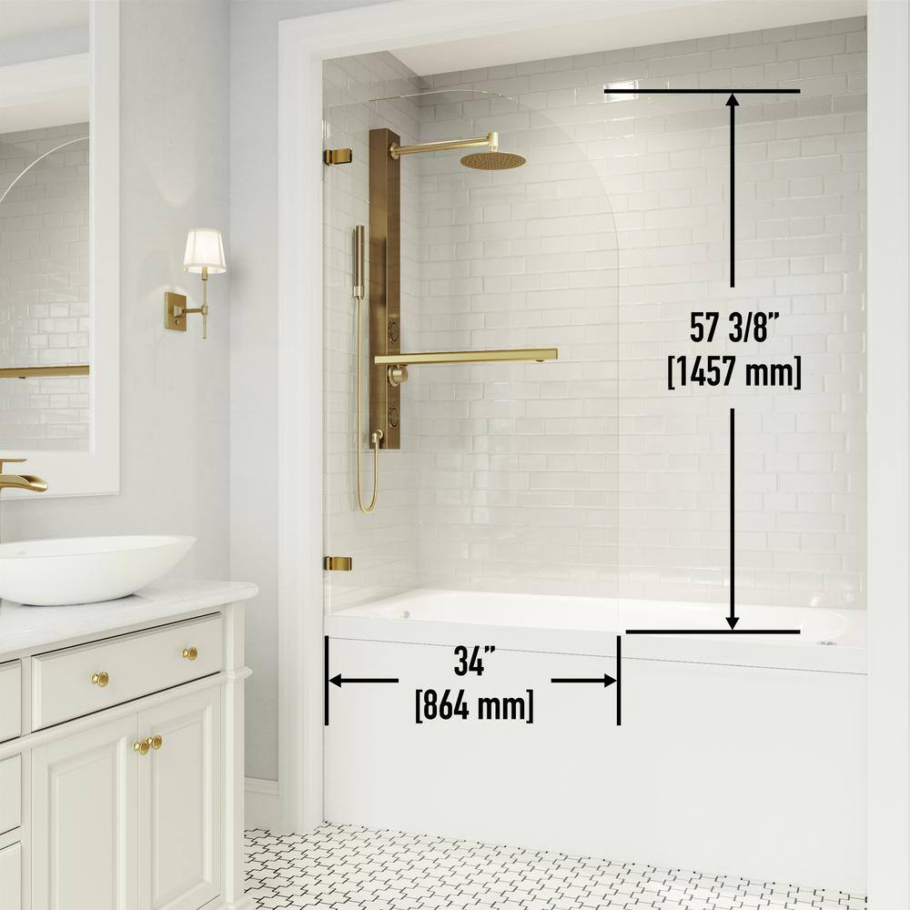 VIGO Orion 34 in. W x 58 in. H Pivot Frameless Tub Door in Matte Brushed Gold with 516 in. (8mm) Clear Glass VG6071MGCL3458