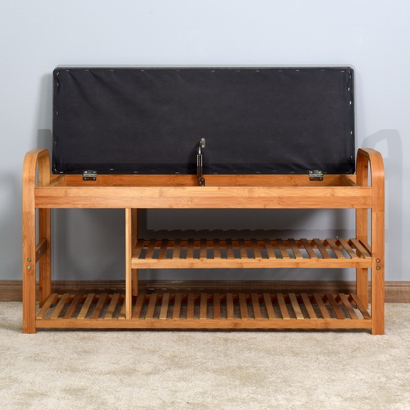 Living Room Bamboo Storage Bench  Entryway 3 Shelv...