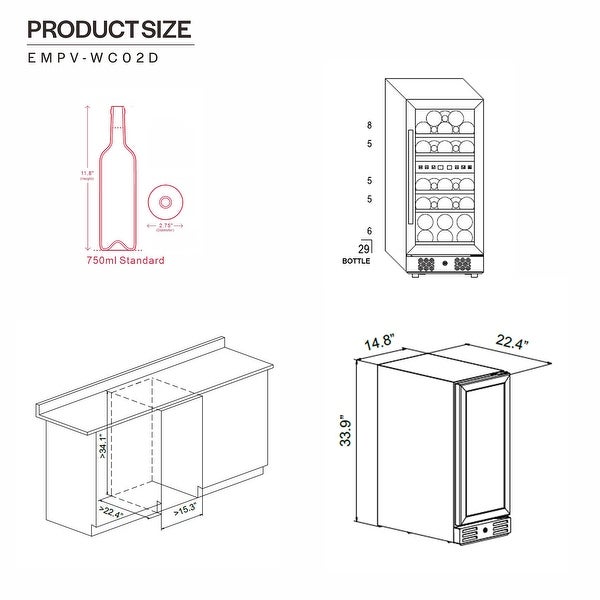 15 in. Double Zone 29-Bottle Built-In and Freestanding Wine Chiller Refrigerator in Stainless Steel