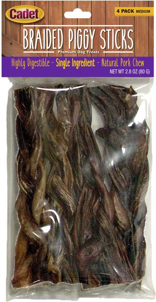 Cadet Braided Piggy Sticks  Dog Treats， 2.8-oz bag