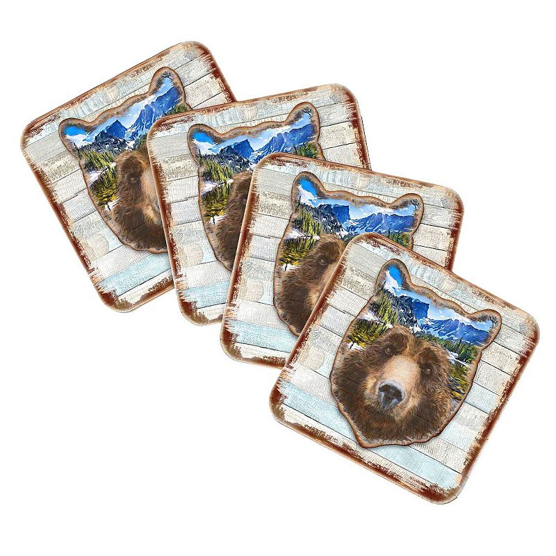 Bear Face Wooden Cork Coasters Gift Set of 4 by Nature Wonders