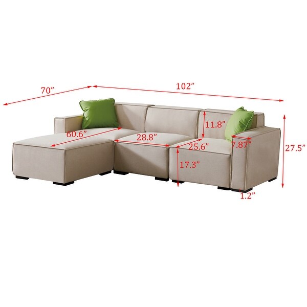 4 Seat Sectional Sofa Set Livingroom Modular Lounge Linen Couch with Ottomanand2 Pillows