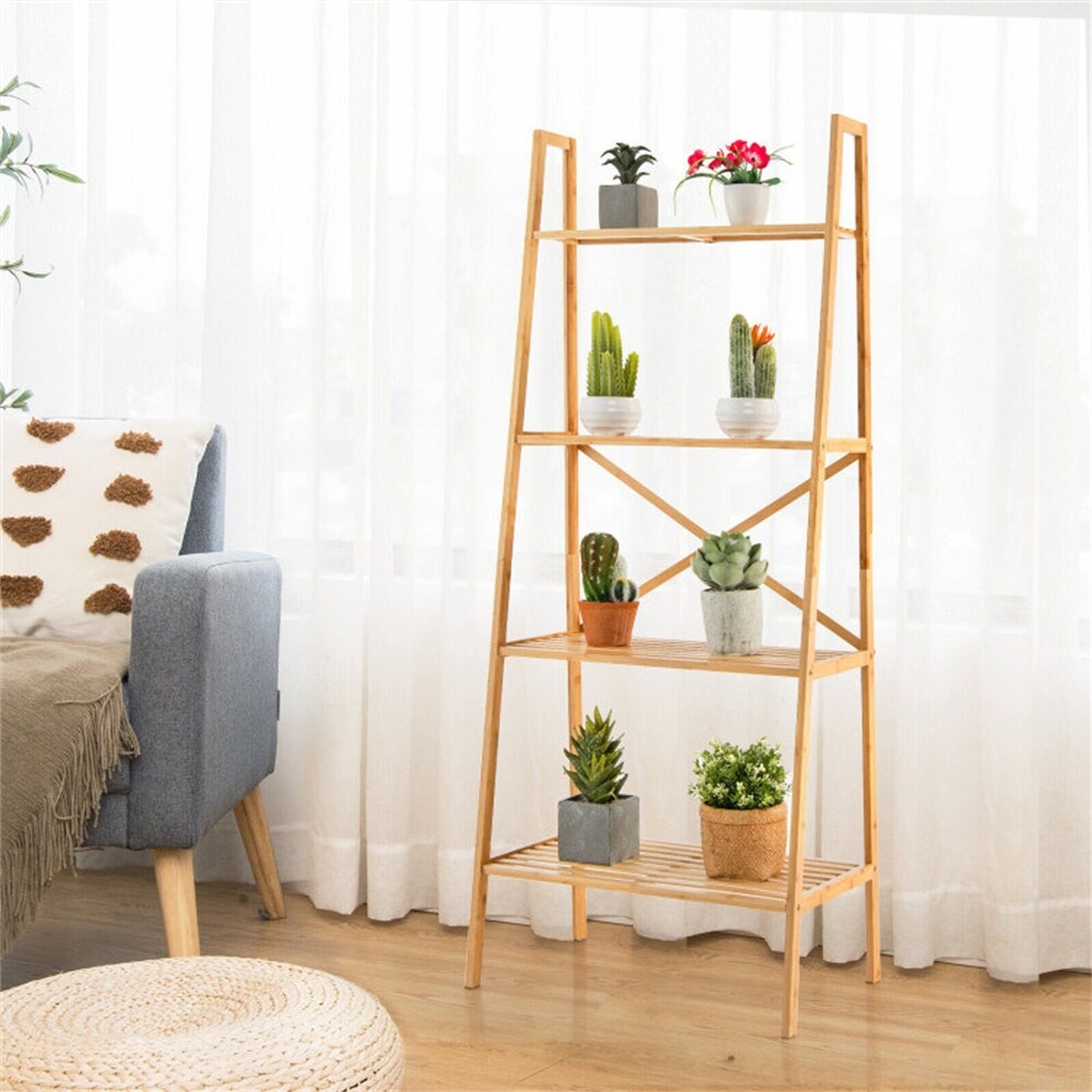 4 Tier Bamboo Ladder Bookshelf Natural Color