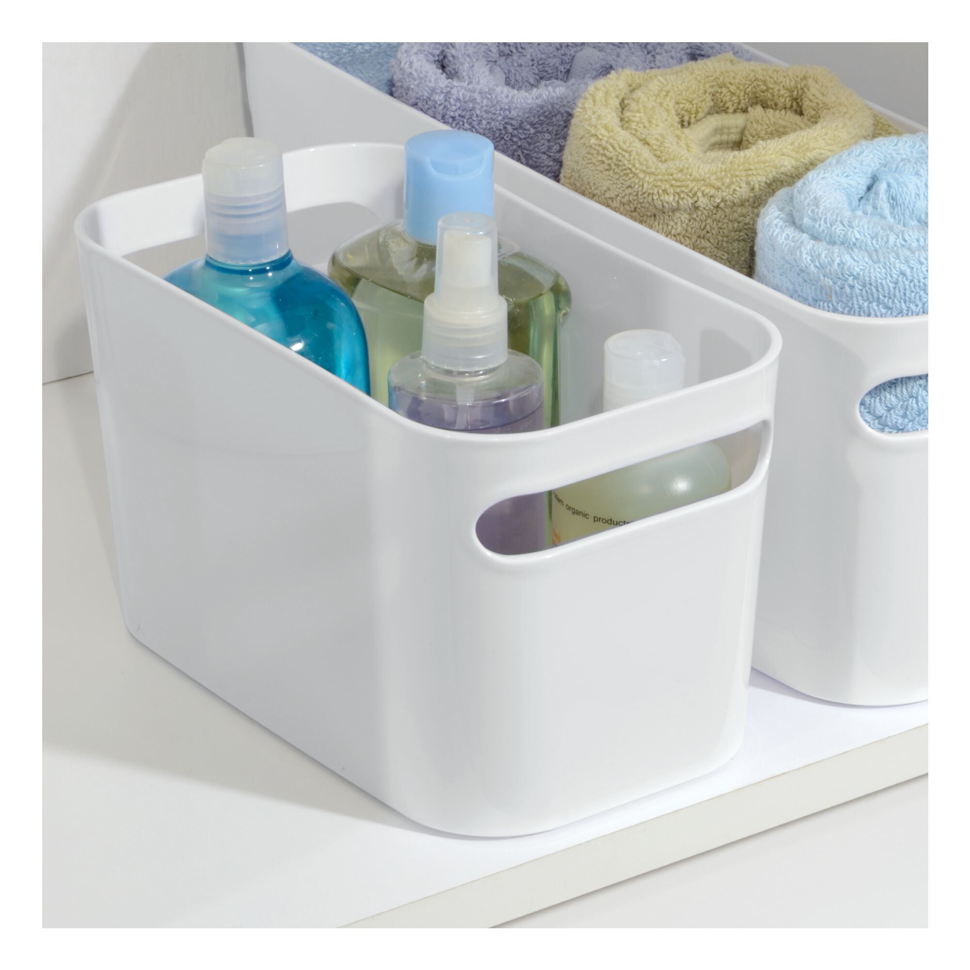 mDesign Deep Plastic Bathroom Vanity Storage Bin with Handles - Organizer for Hand Soap， Body Wash， Shampoo， Lotion， Conditioner， Hand Towel， Hair Brush， Mouthwash - 10