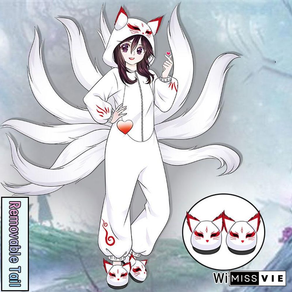 Nine-tailed Fox Plush Pajamas With Slippers Hooded Winter Sleepwear