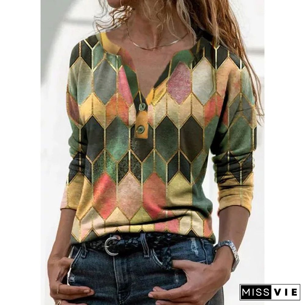 Women's Long Sleeve Printed V-neck Pullover Loose Blouses