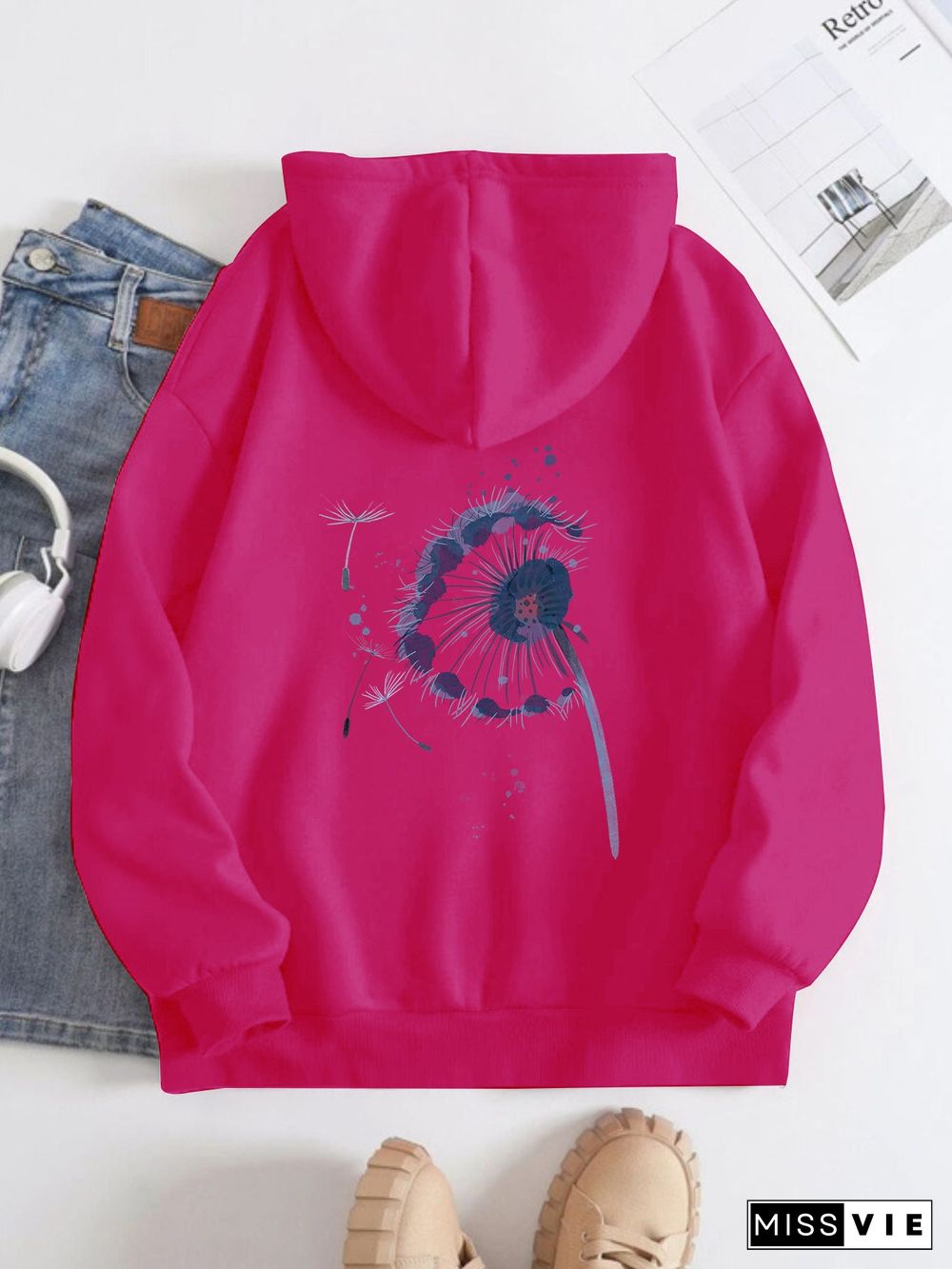 Printed on the Back Kangaroo Pocket Hoodie Long Sleeve for Women Pattern Dandelion