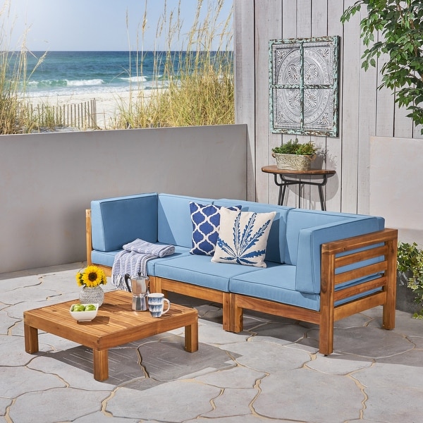 Oana Outdoor 3Seater Acacia Wood Sectional Sofa Set with Coffee Table by Christopher Knight Home