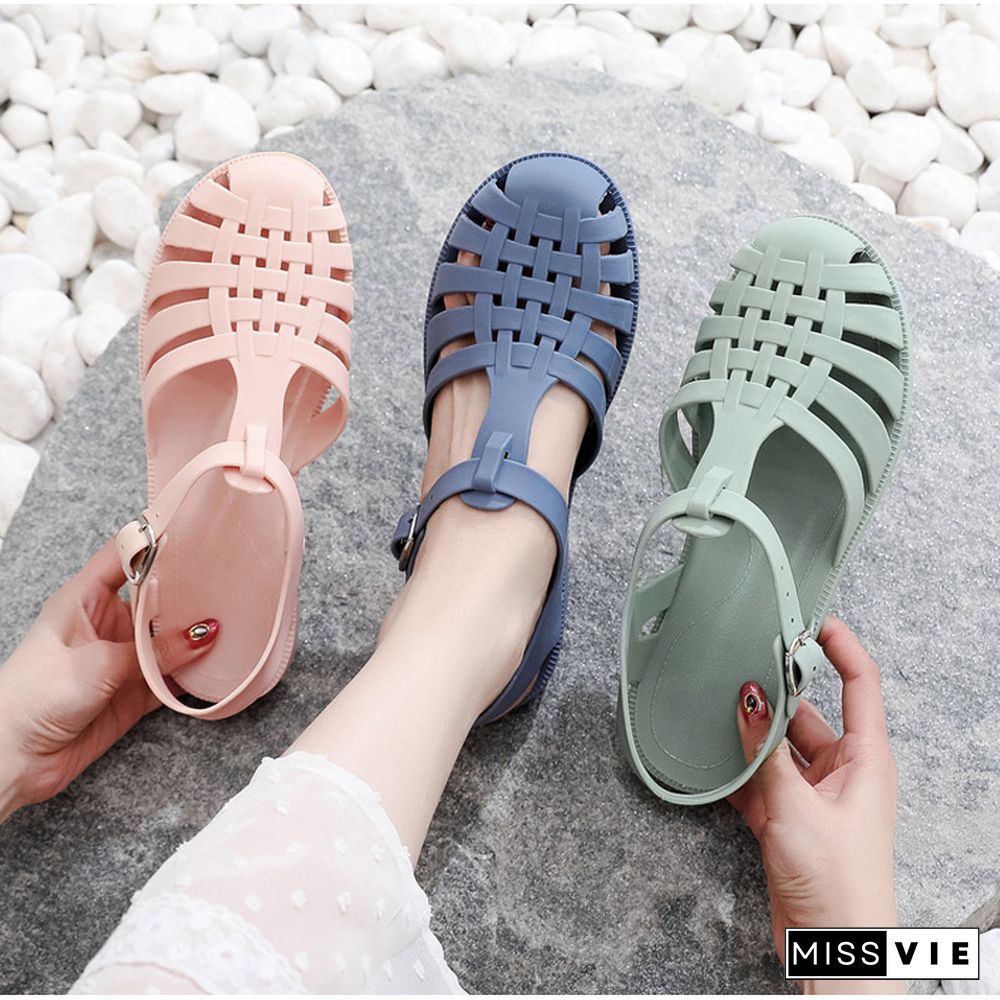 Women Sandals Jelly Shoes Summer Ankle Strap Rubber Shoes Soft Sole Non-slip Mom Shoes Casual Comfortable Female Footwear