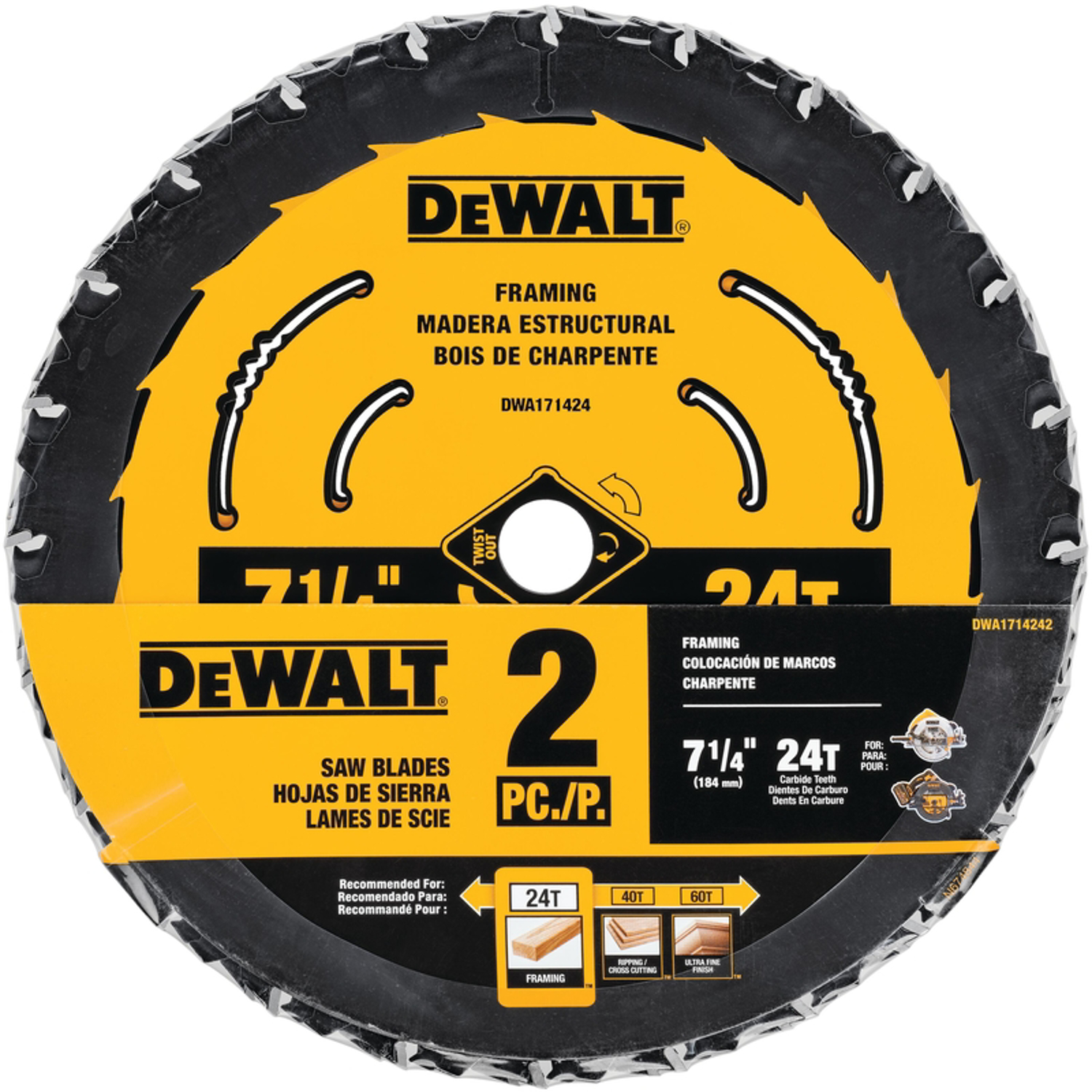 DW 7-1/4 in. D X 5/8 in. Tungsten Carbide Circular Saw Blade Set 24 teeth 2 pk