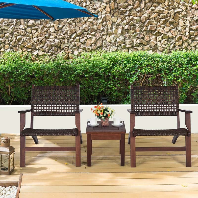 3 Pcs Rattan Wooden Outdoor Table & Chair Set Patio Bistro Conversation Set