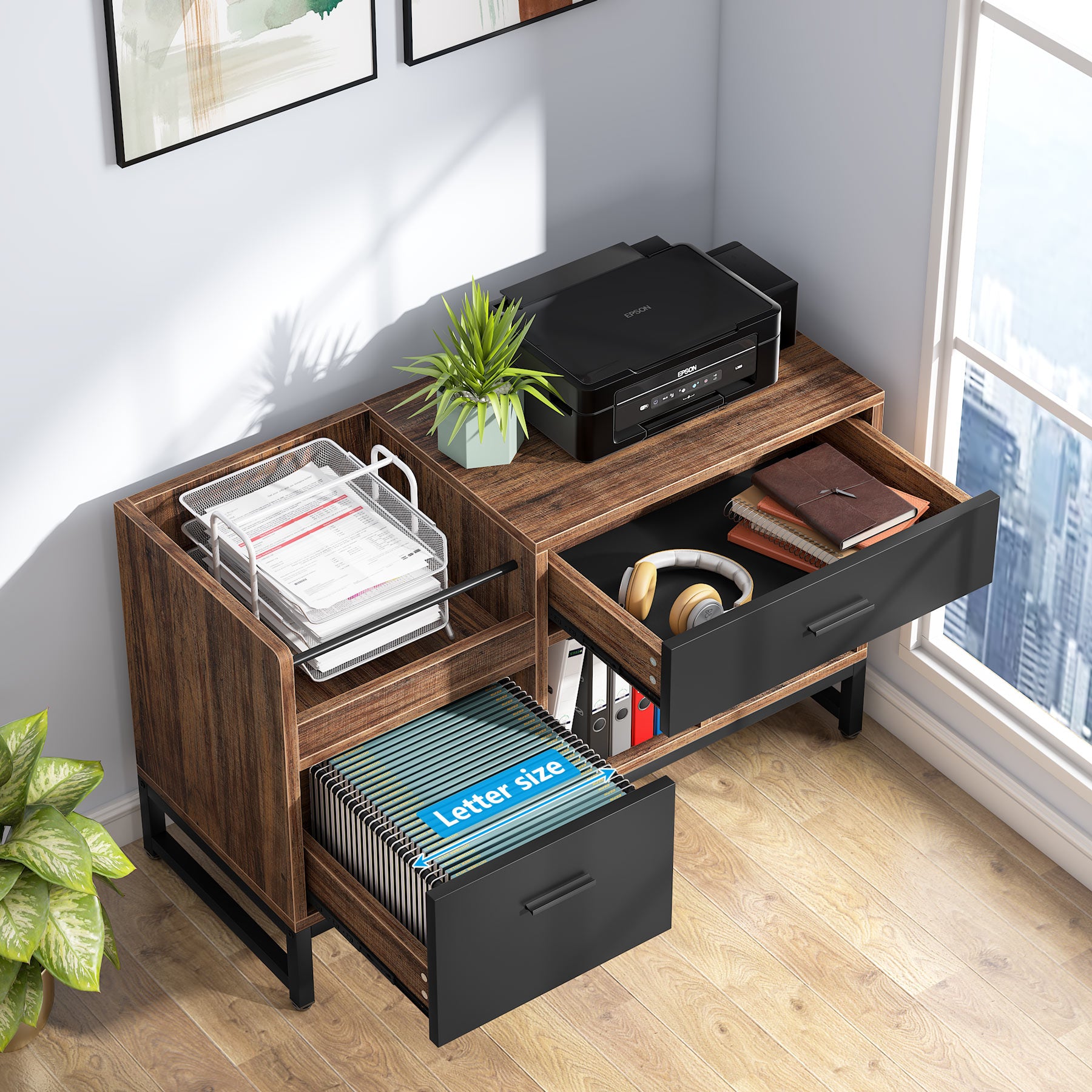 39 inch File Cabinet, Rustic Lateral Filing Cabinet with 2 Drawers