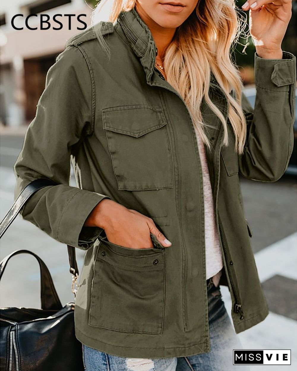 Women's Spring Jacket Zip Up Outerwear Female Clothes Streetwear Autumn Coat Stand Collar Windbreaker Green Military Jackets