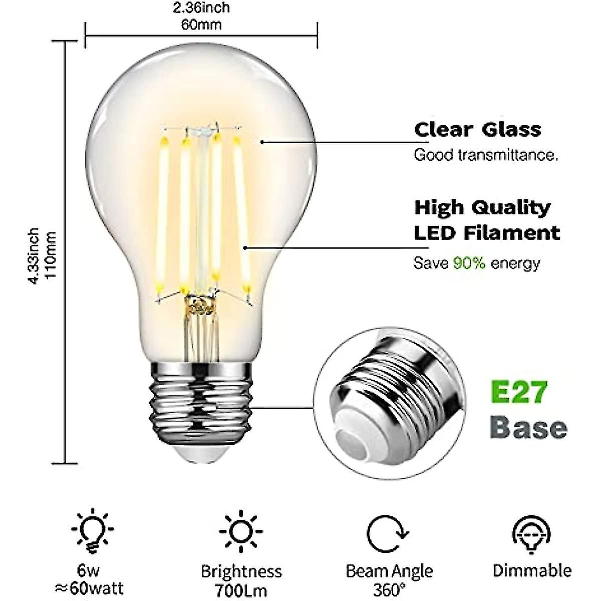 E27 Led Bulbs  Topleder Dimmable 6w E27 Screw Bulb  2700k Warm White 700 Lumen  60w Incandescent Equivalent  Clear Glass Led ment Bulbs - Pack Of