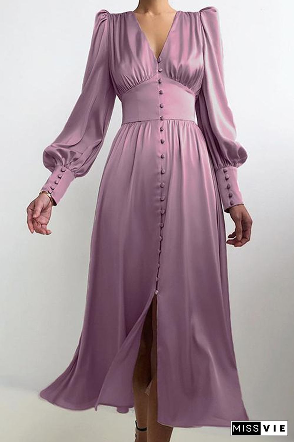 Satin Button Puff Long Sleeve Dress