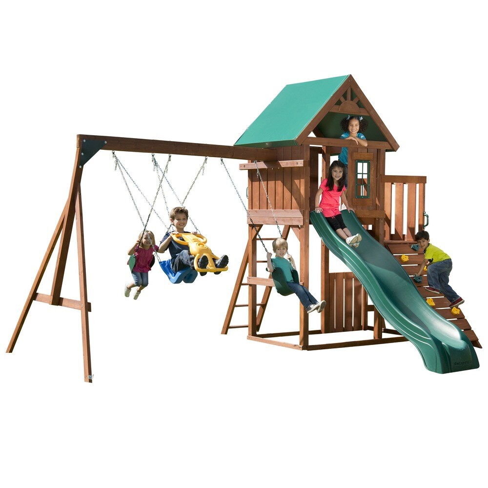 Swing N Slide Willows Peak Wood Swing Set w/ 2 Swings  Slide and Picnic Table