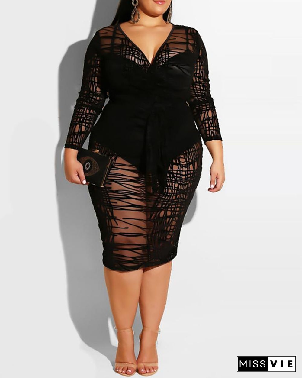 Plus Size Sheer Mesh Slit Midi Dress