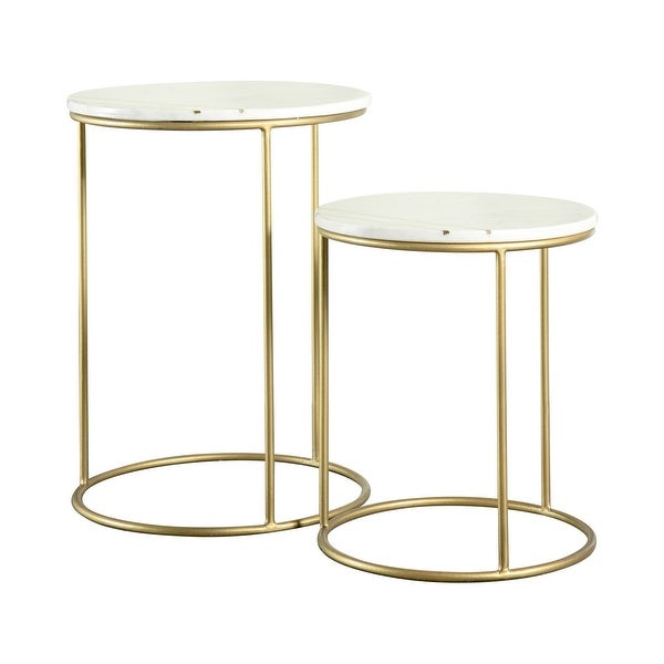 22， 17 Inch Modern 2 Piece Nesting End Table Set， White Marble Top， Gold