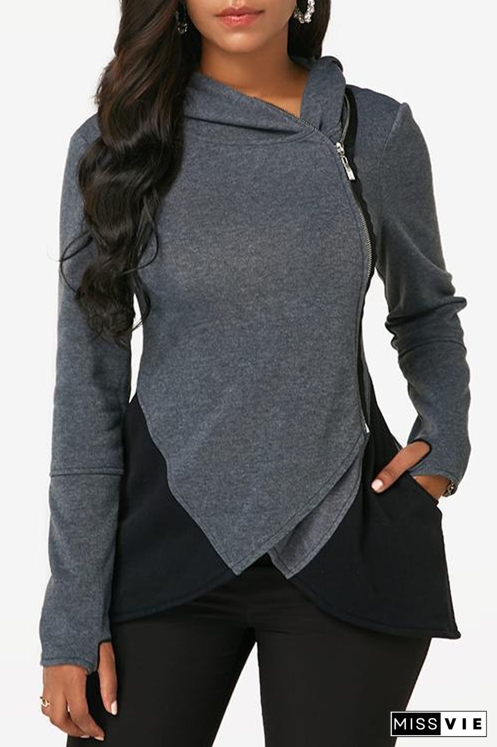 Side Zipper Contrast Coat Hoodie