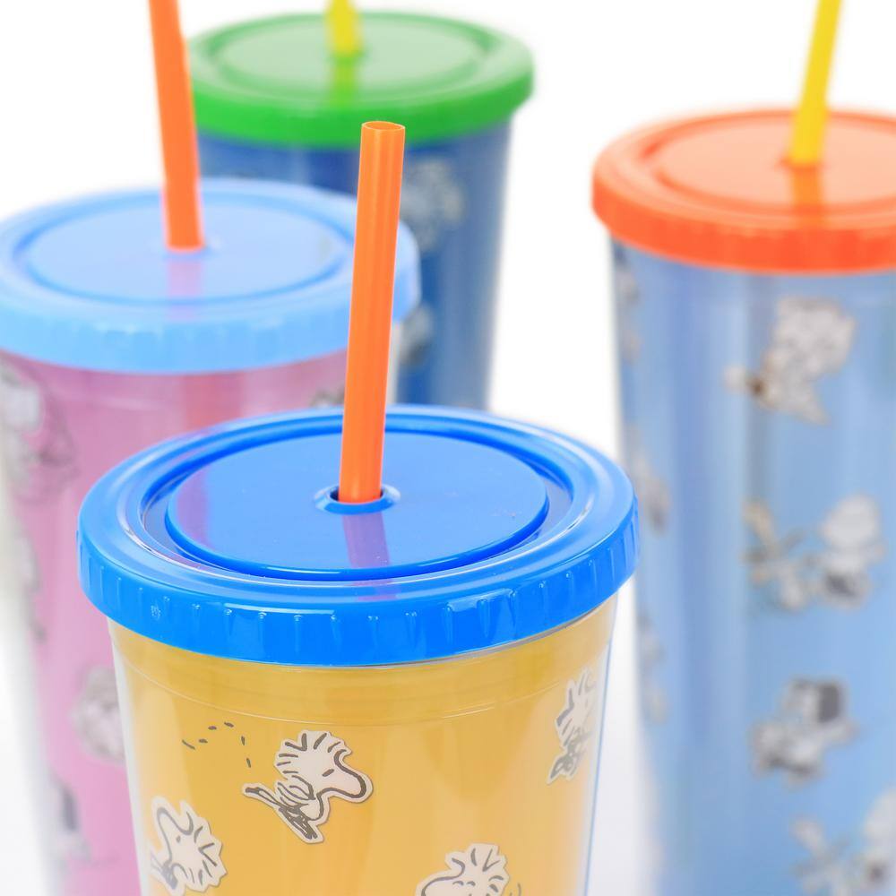 Gibson Peanuts 70th Anniversary 23.6 fl. oz. Assorted Colors Plastic Tumbler Set with Lids and Straws 985115915M